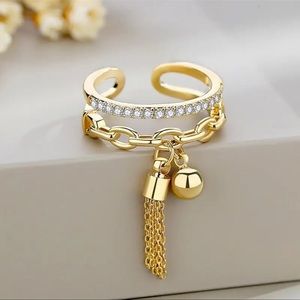 Fashion Women's Gold Color Tassel Ring - Hollow Geometric Design, Rhinestone